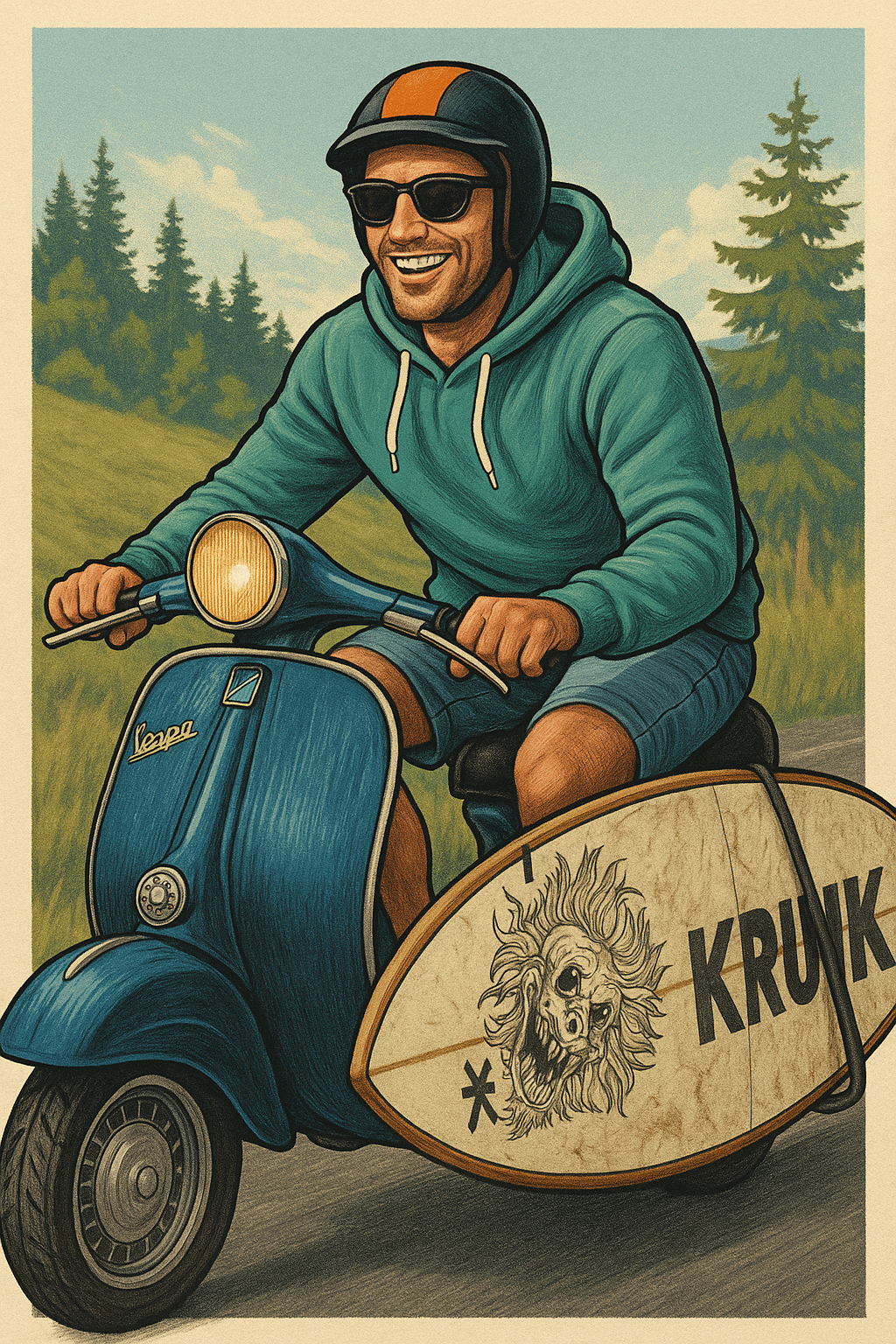 Illustration eines Vespa-Fahrers mit Surfbrett und KRUNK-Schriftzug