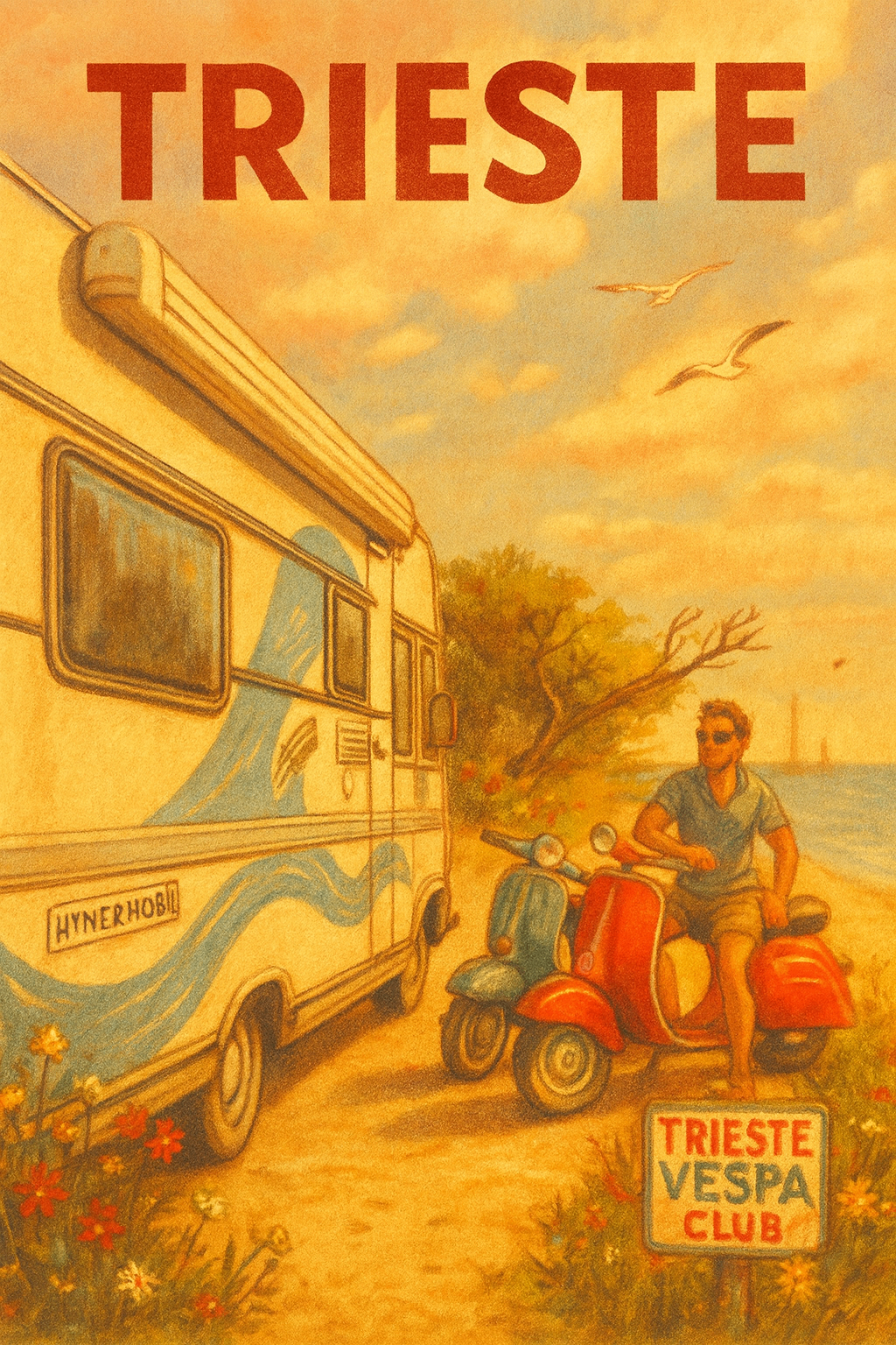 Illustration von Trieste mit Vespa, Caravan und Abendstimmung