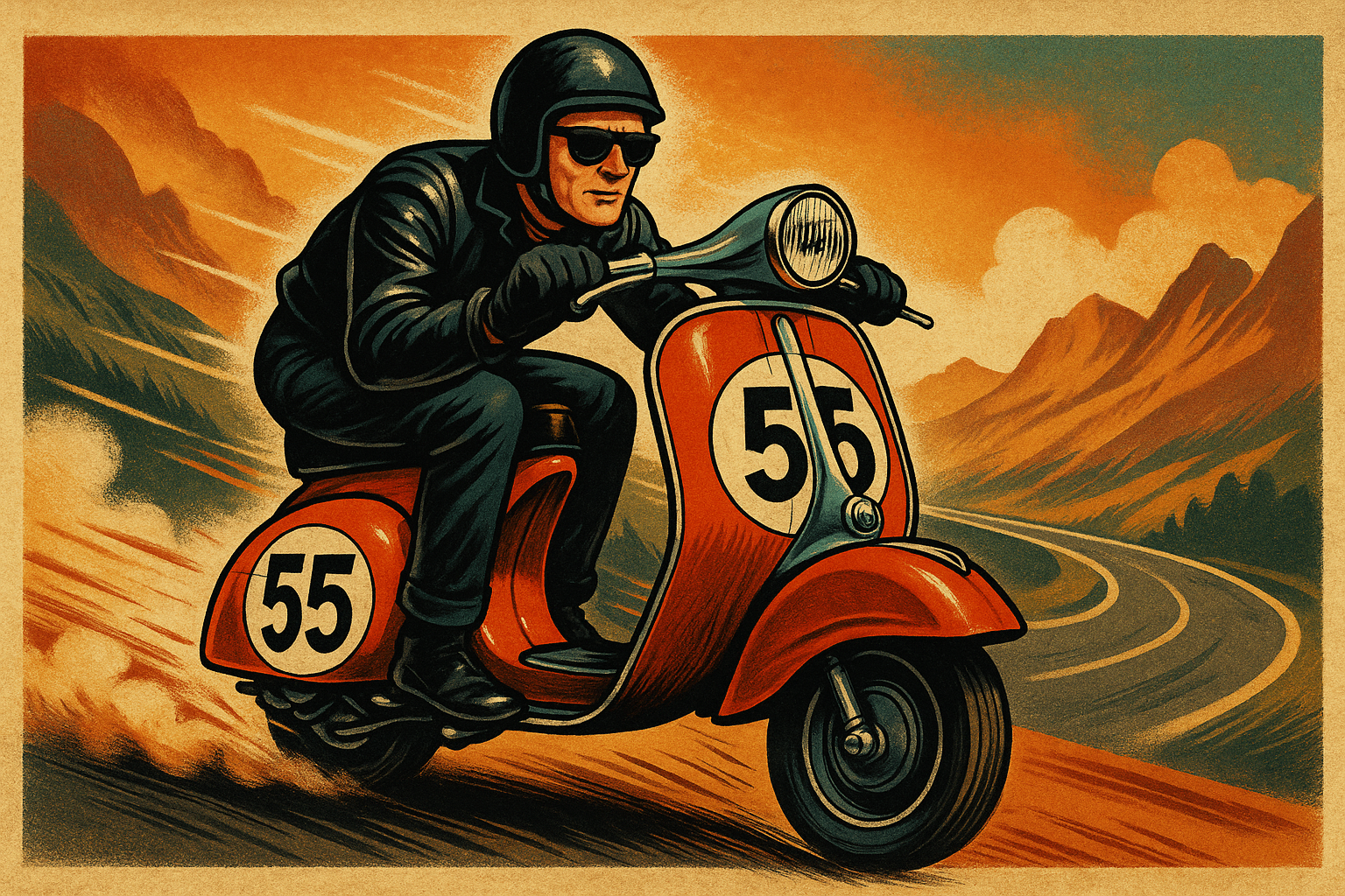 Retro-Illustration einer roten Vespa mit der Nummer 55 auf Bergstraße