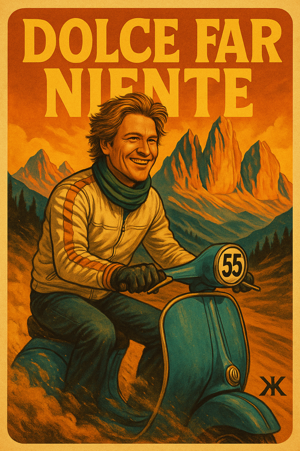 Retro-Illustration Dolce Far Niente mit Fahrer auf blauer Vespa