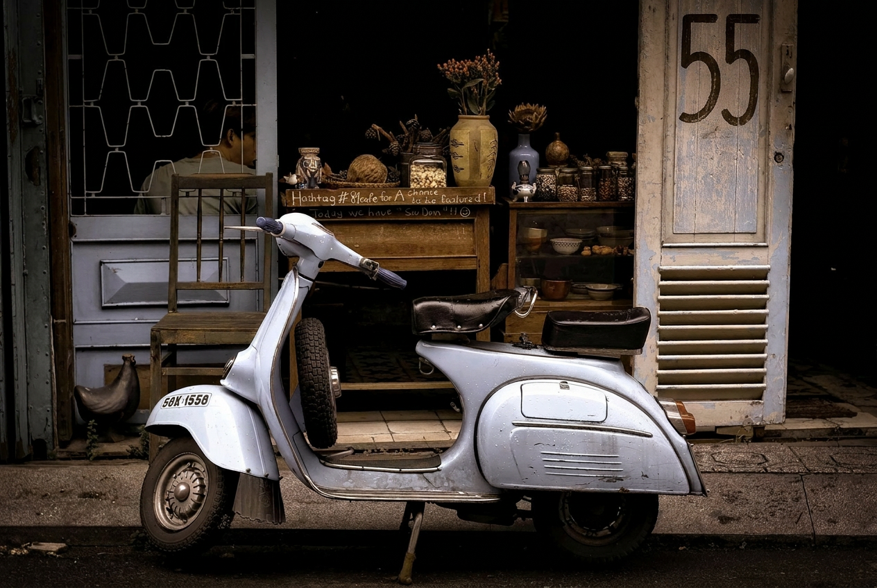 Vintage Vespa Nr. 55 vor kleinem Café — Dolce Vita Stimmung