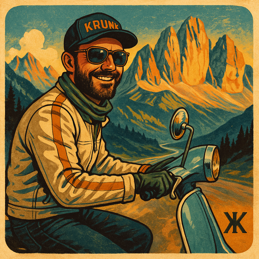 Illustration eines Vespa-Fahrers mit KRUNK-Kappe vor Berglandschaft